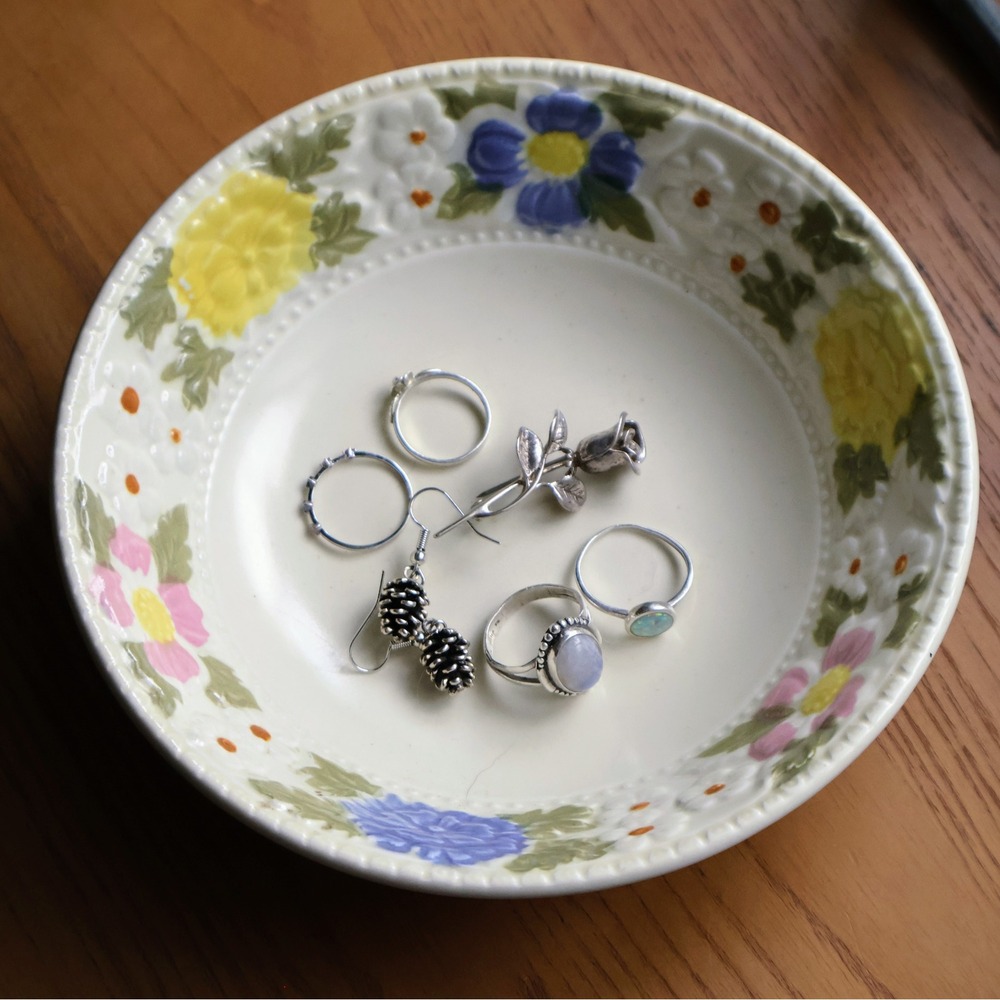 Vintage Floral Ceramic Trinket Dish, Embossed Flower Detailing